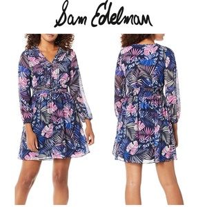 SAM EDELMAN Size 8 Tropical Flowy Lined Mini Dress Resort Wear Long Sheer Sleeve